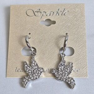 Sparkle Rhinestone Encrusted Dove Charm Earrings, Silver Tone, New